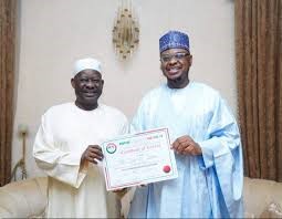 Pantami Presents PDP Certificate of Return to Ex-Gov Dankwambo in Gombe