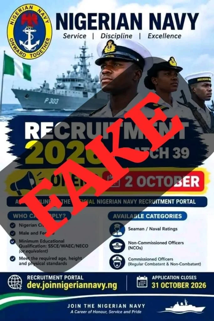 Nigerian Navy Warns Public Against Fake 2026 Batch 39 Recruitment Notice